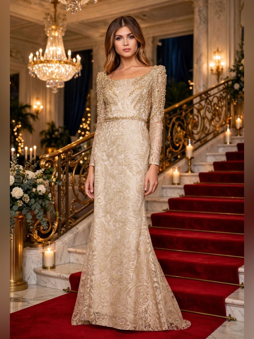 Mac Duggal EMBROIDERED APPLIQUE SHOULDER DETAIL TRUMPET GOWN size 8 NEW $698